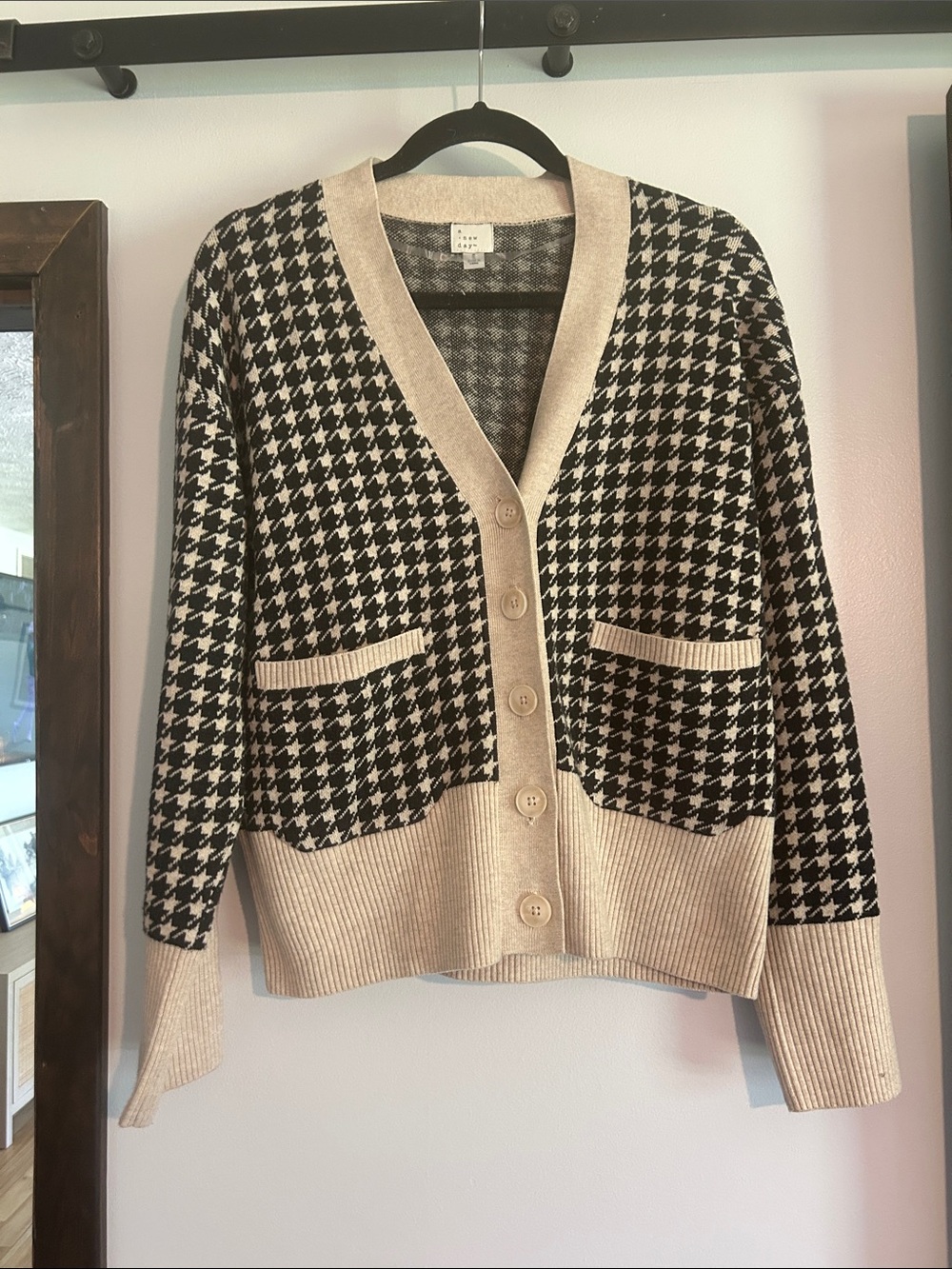 A New Day Houndstooth V-Neck Button Front Cardigan Sweater - Black & Cream